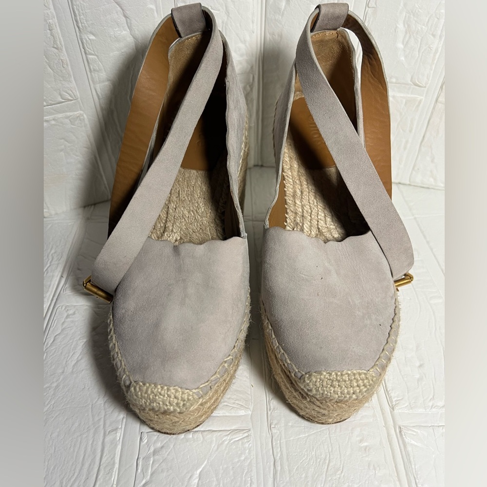 Chloe Beige Espadrille suede lace up Wedges 37 boho minimalist neutral